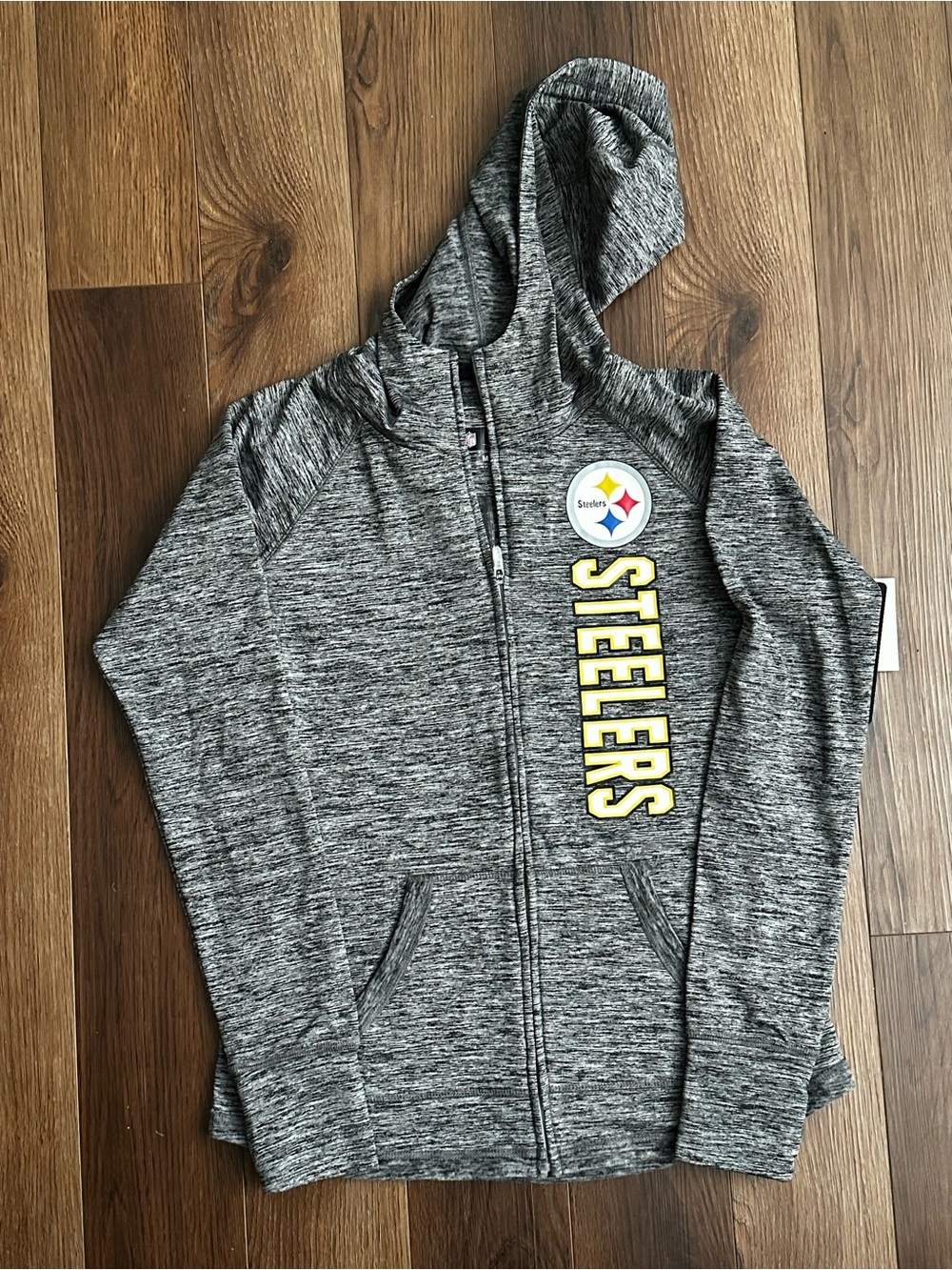 NFL Womens Gray Heather Full-Zip Steelers Hooded Jacket with Yellow Logo